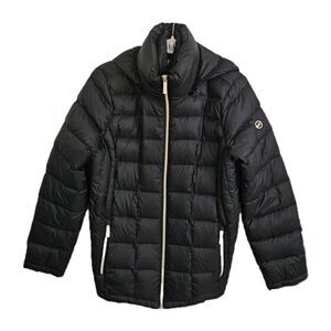 Michael Kors Packable Jacket Large Black Hooded Down Fill Puffer Double Zip